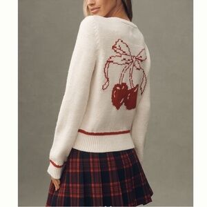 Anthropologie Maeve White Cardigan with Red Pattern